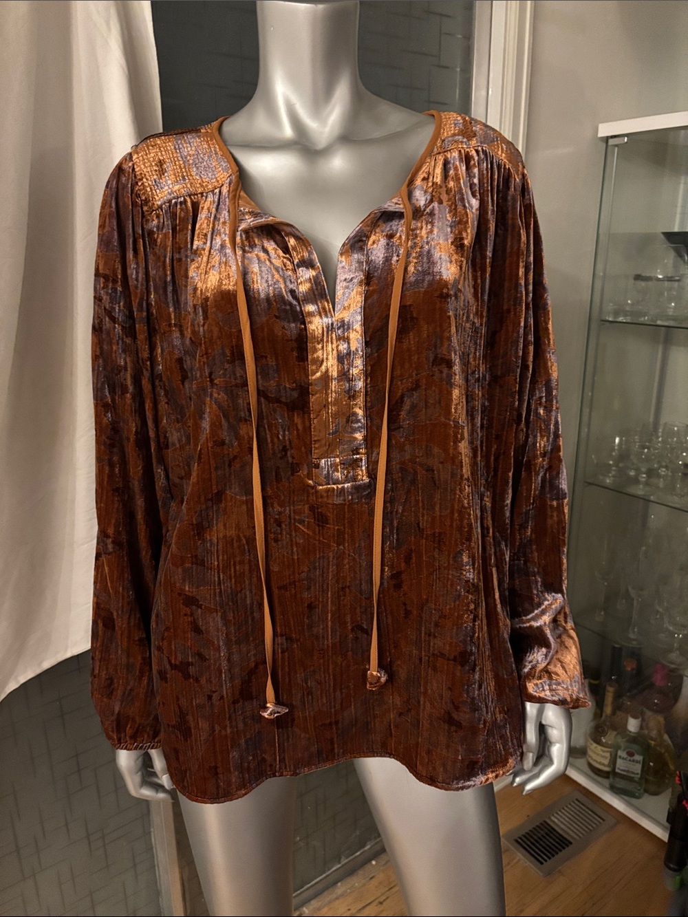 Anthropologie Copper Brown Velvet Peasant Tunic